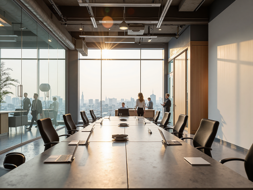 现代办公环境，宽敞明亮的会议室，配备先进设备，团队成员正在讨论项目方案，体现专业高效的工作氛围